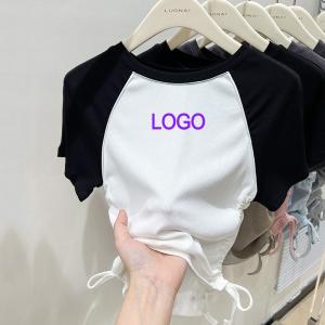 Wholesale Custom Y2K Ribbed Cotton Contrast Color Crop Top Ruched Drawstring Short Sleeve Women from china suppliers