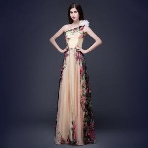 China Chiffon Long Section Bridesmaid Dress One Shoulder Rose Print Flower Bridesmaid Dress on sale