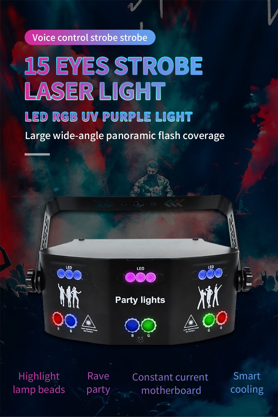 15 Eyes RGB Party Lights Stage Light by DMX512 Control Sound Activated LED Pattern Strobe Lights for Parties Club Bar Di