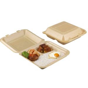 Biodegradable disposable 3 compartment clamshell form container food packaging