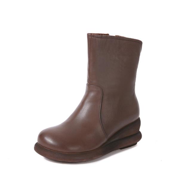 S320 Round Toe Flat Wedge Heel Top Layer Cowhide Mid-Tube Women'S Boots Leather