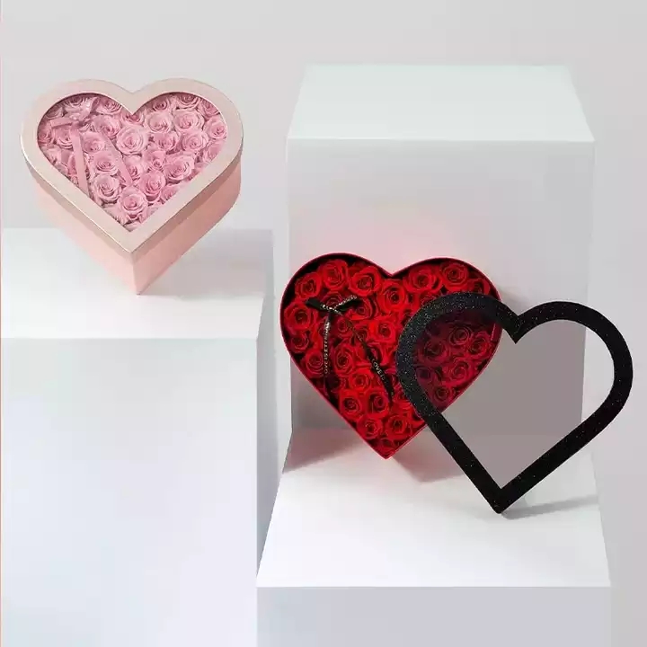Clear Shiny Lid Heart Shaped Flower Packaging Boxes for Customized Flower Arrangements