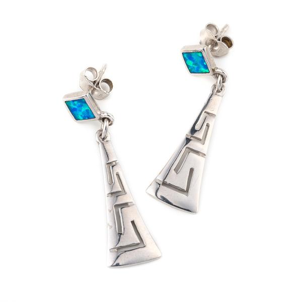 Retro Greek Key Curvy Silver Blue Fire Opal Dangle Earrings High Quality Jewelry