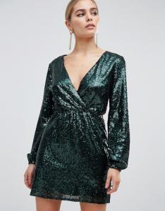 Wholesale OEM sequin wrap front long sleeve green skater dress from china suppliers