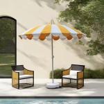 8.5 ft Fiberglass Rib Beach Umbrella Stainless Steel Pole White Strip Pagoda