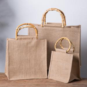 Wholesale Reusable Shopping Burlap Tote Bag Jute Tote Bag Bamboo Handle from china suppliers