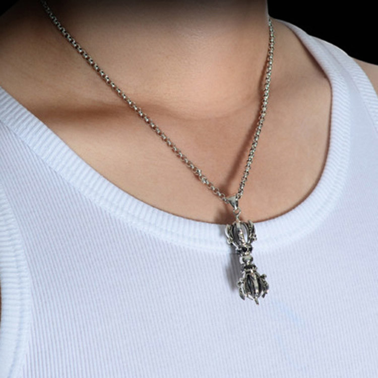Men's Jewelry Vintage Old Sterling Silver Amulet Pendant Necklace (N029293W)