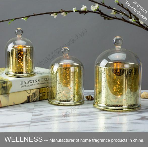 Different size luxury domed soy wax candle with gold glass jar,bell glass lid