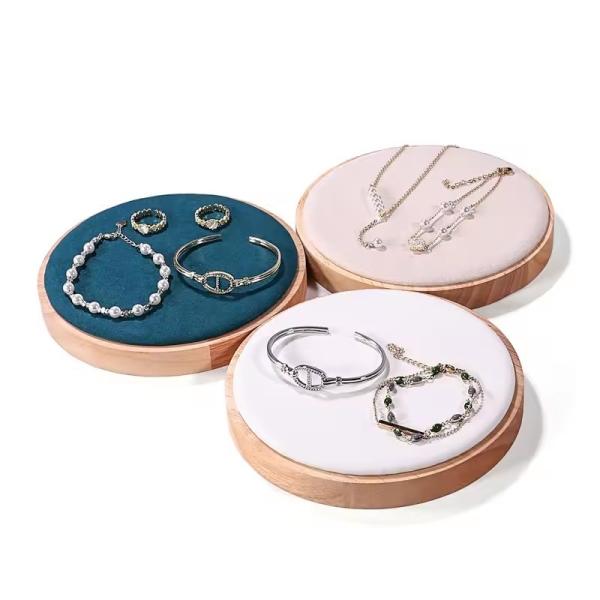 Flat Round Wood Pesentation Jewelry Bracelets Display Tray, Covered with
