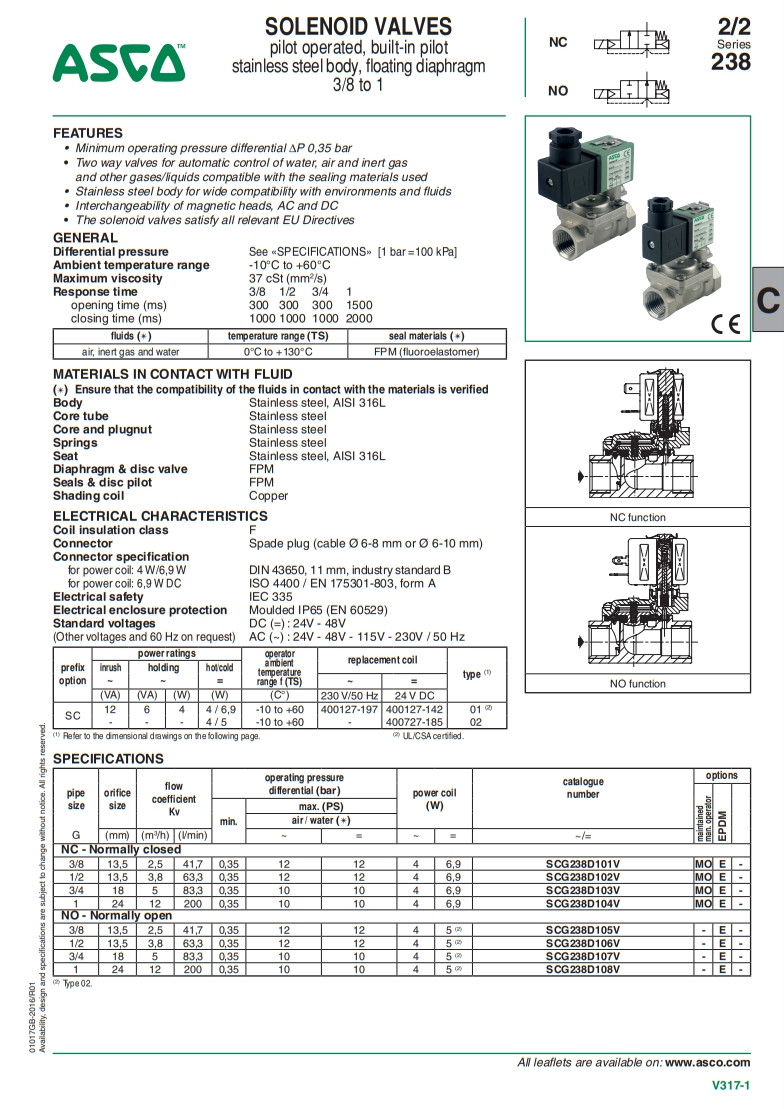 ASCO Two Way Water Valve SCG238D106V Stainless Steel Body Normally Open 1/2 Caliber