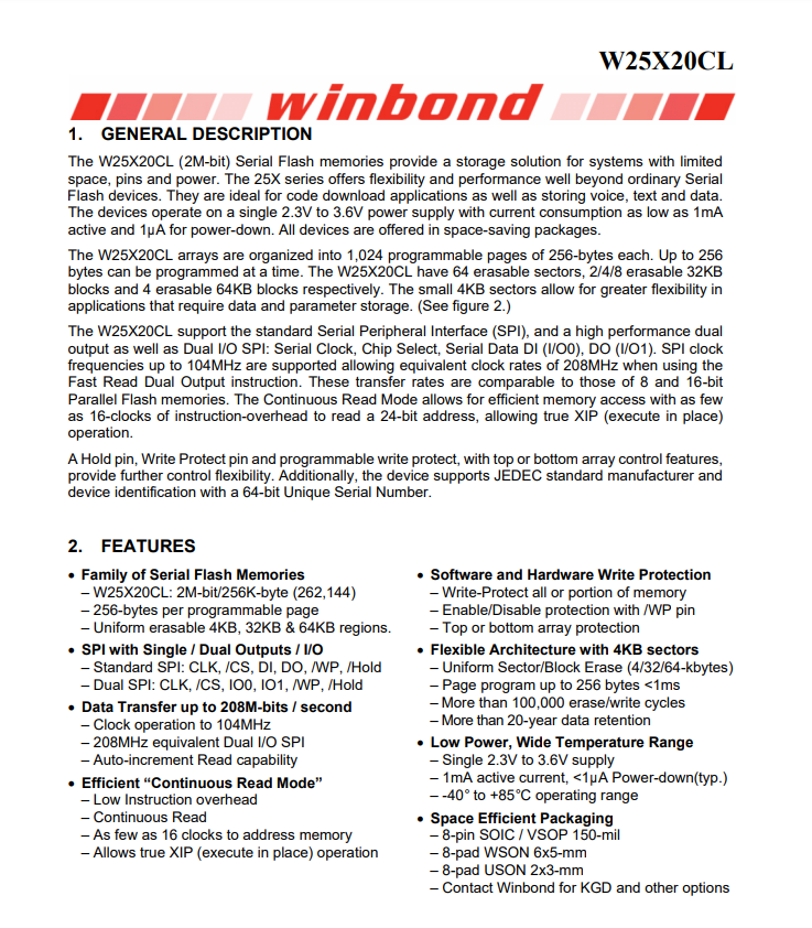W25X20CLSNIG FLASH Memory IC 2Mbit SPI 104 MHz 8-SOIC
