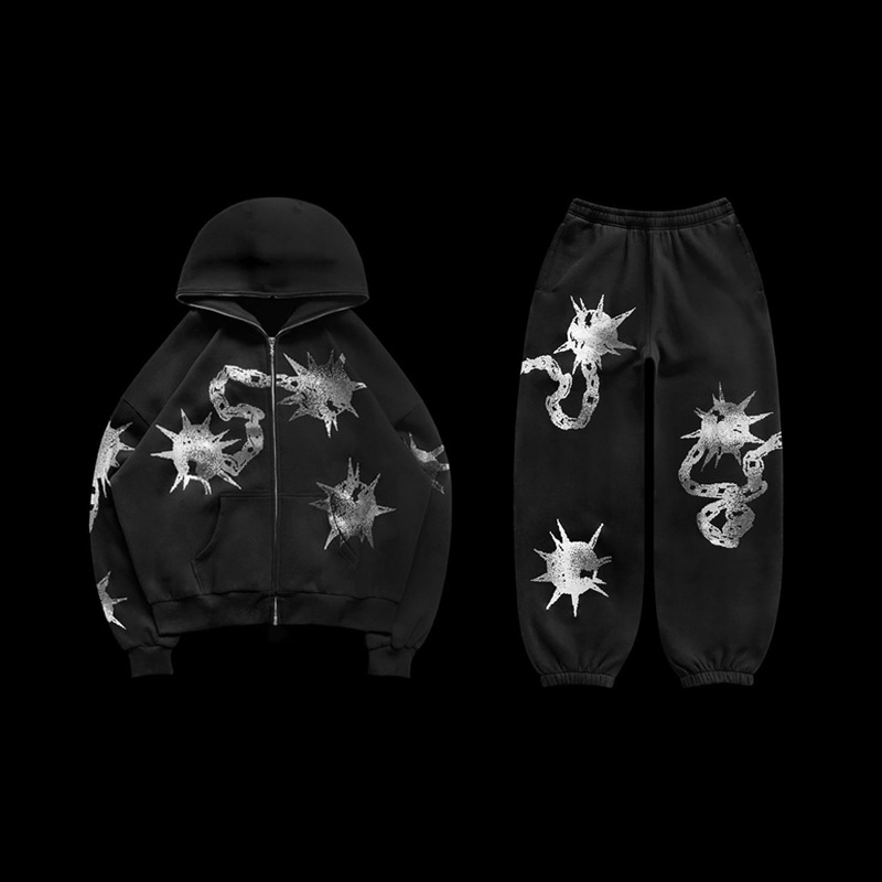 Streetwear Y2k Unisex Full Face Zip Up Bling String Hoodie Set 100% Cotton Custom Men