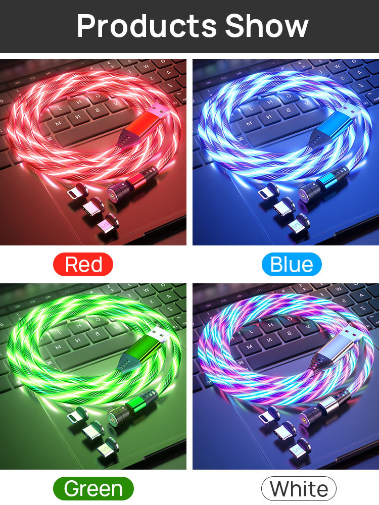 Focuses Magnetic USB Charging Cable 3m LED Flowing Luminous Phone Charging Cable