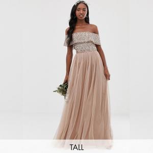 China Tall Bridesmaid bardot maxi tulle dress with tonal delicate sequins in taupe blush on sale