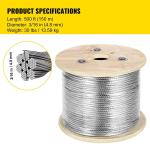 500 Ft Stainless Steel Cable T304 Wire Rope Stranded 3/16 Inch 7x19 Aircraft
