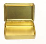 Promotional food storage tins gold color candy with hinged lid and embossed logo