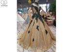 Sparkly Gold Off The Shoulder Prom Dress Green Lace Short Sleeve Sweep Train