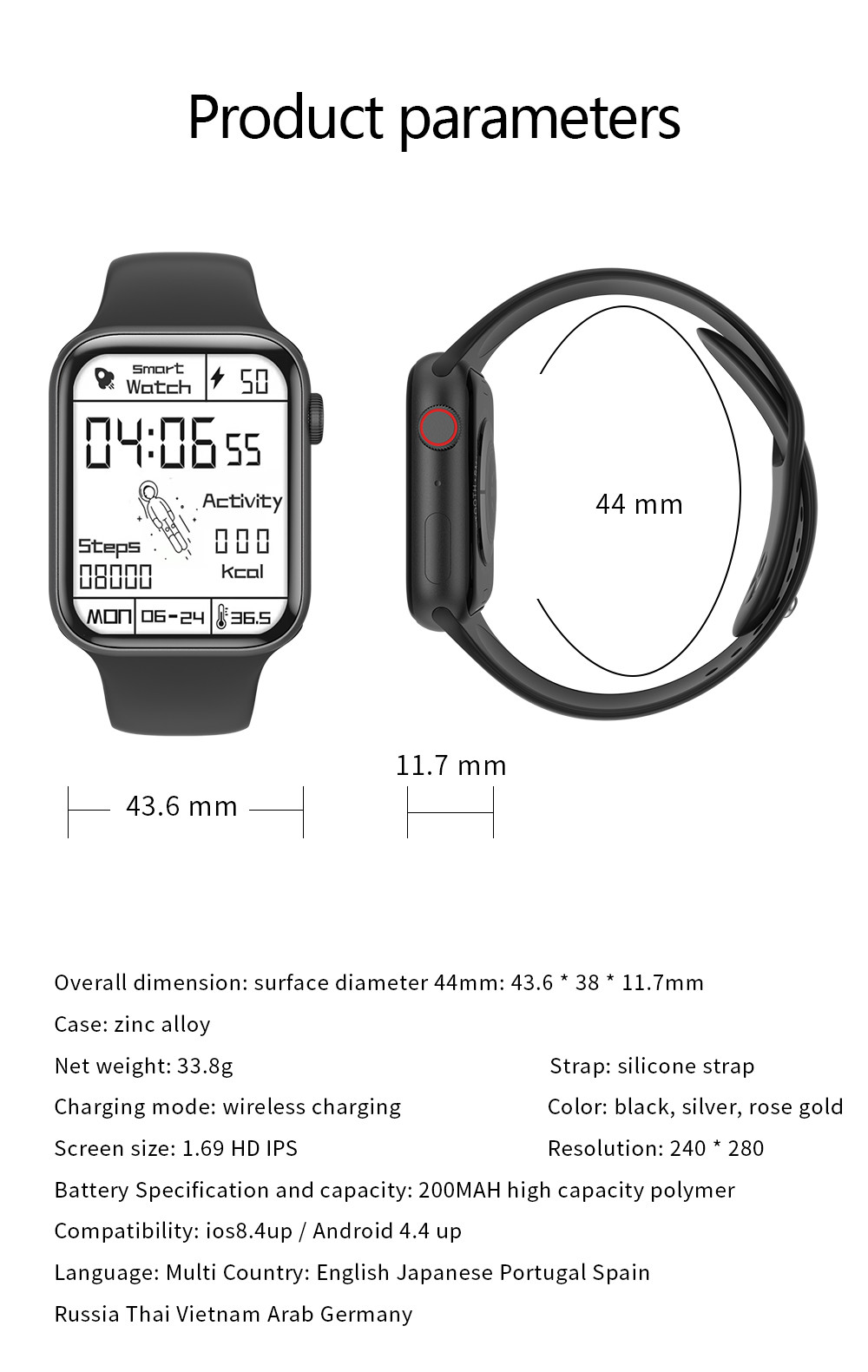 MTK2502 1.75in Fitness Tracker Smart Watch Exercise Mode Silicone Strap