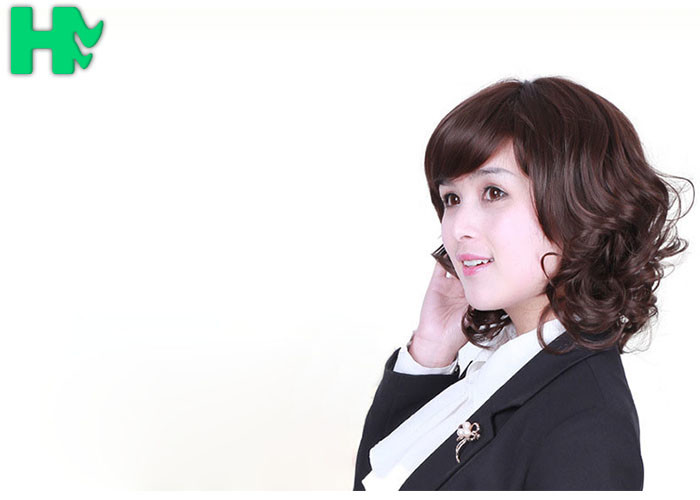 100% Density Short Cut Coarse Lady Deep Brown Hair Wig / Synthetic Bob Wigs