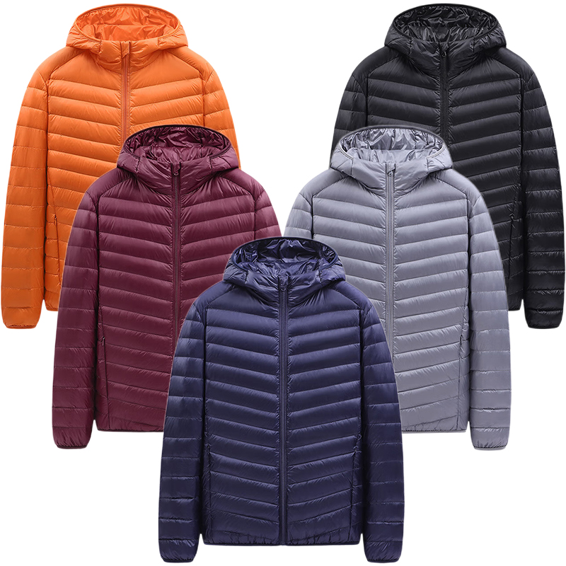 New men's white duck down anti-drilling velvet lightweight hooded casual warm winter down coat or jacket with storage bag