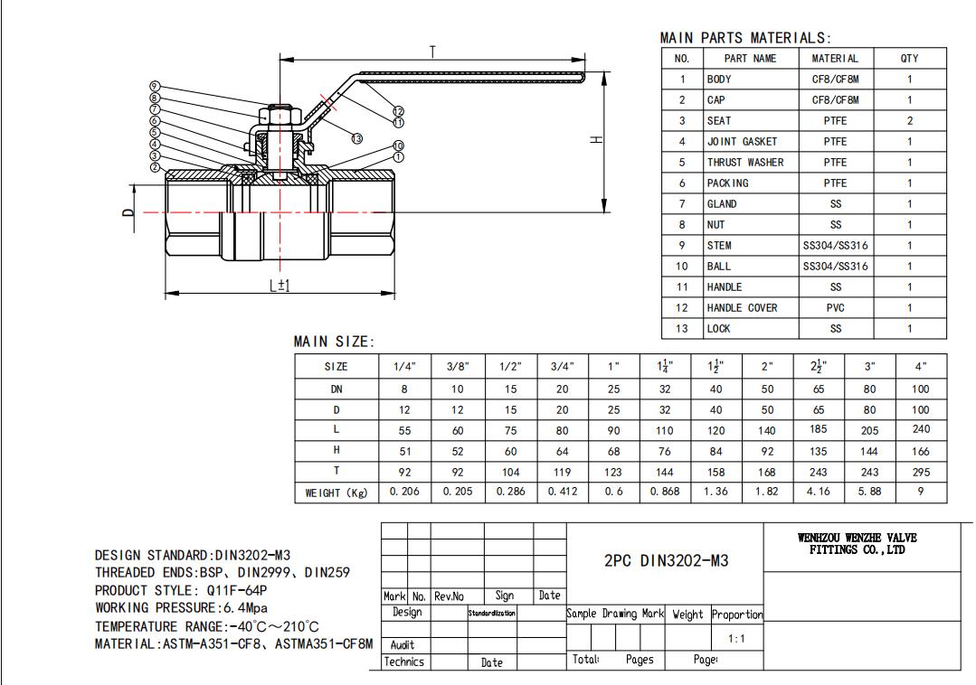 Threaded Ball Valves DN8-DN100 PN63 DIN3202-M3 Stainless Steel 304 316 2PC for Water