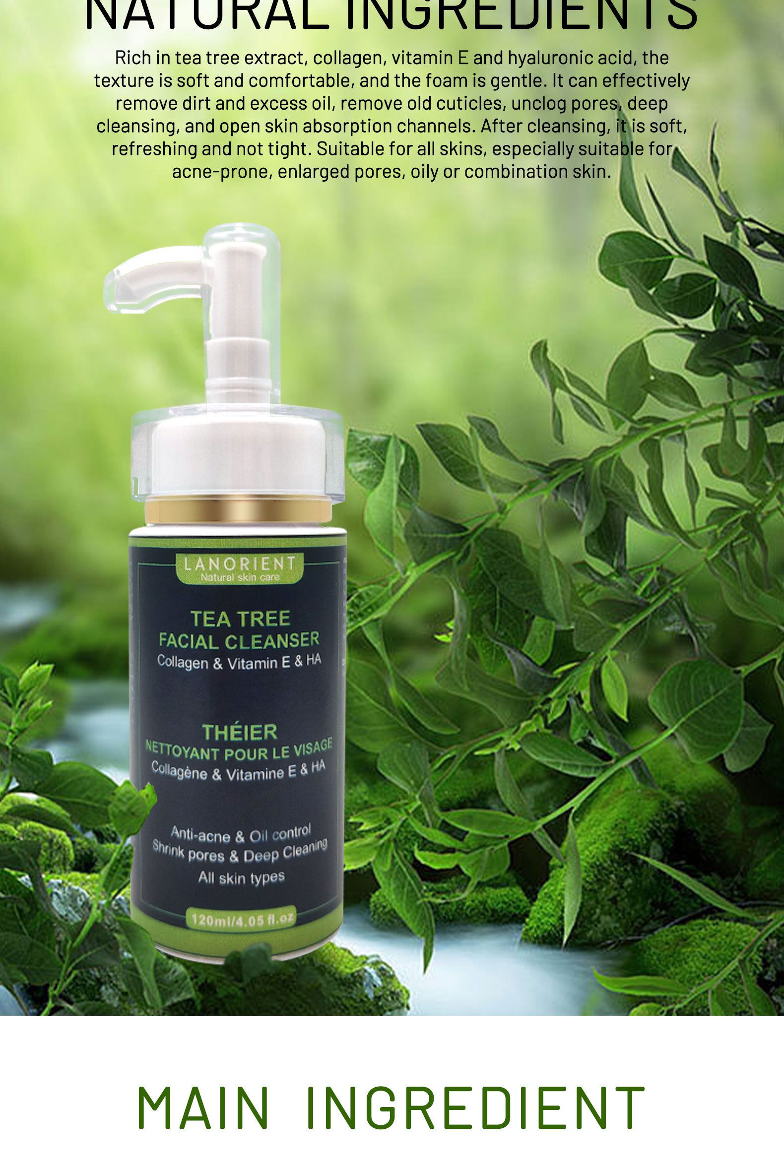 OEM Private Label Oil Free Facial Cleanser Anti Acne Organic Amino Acid Face Wash for All Skin