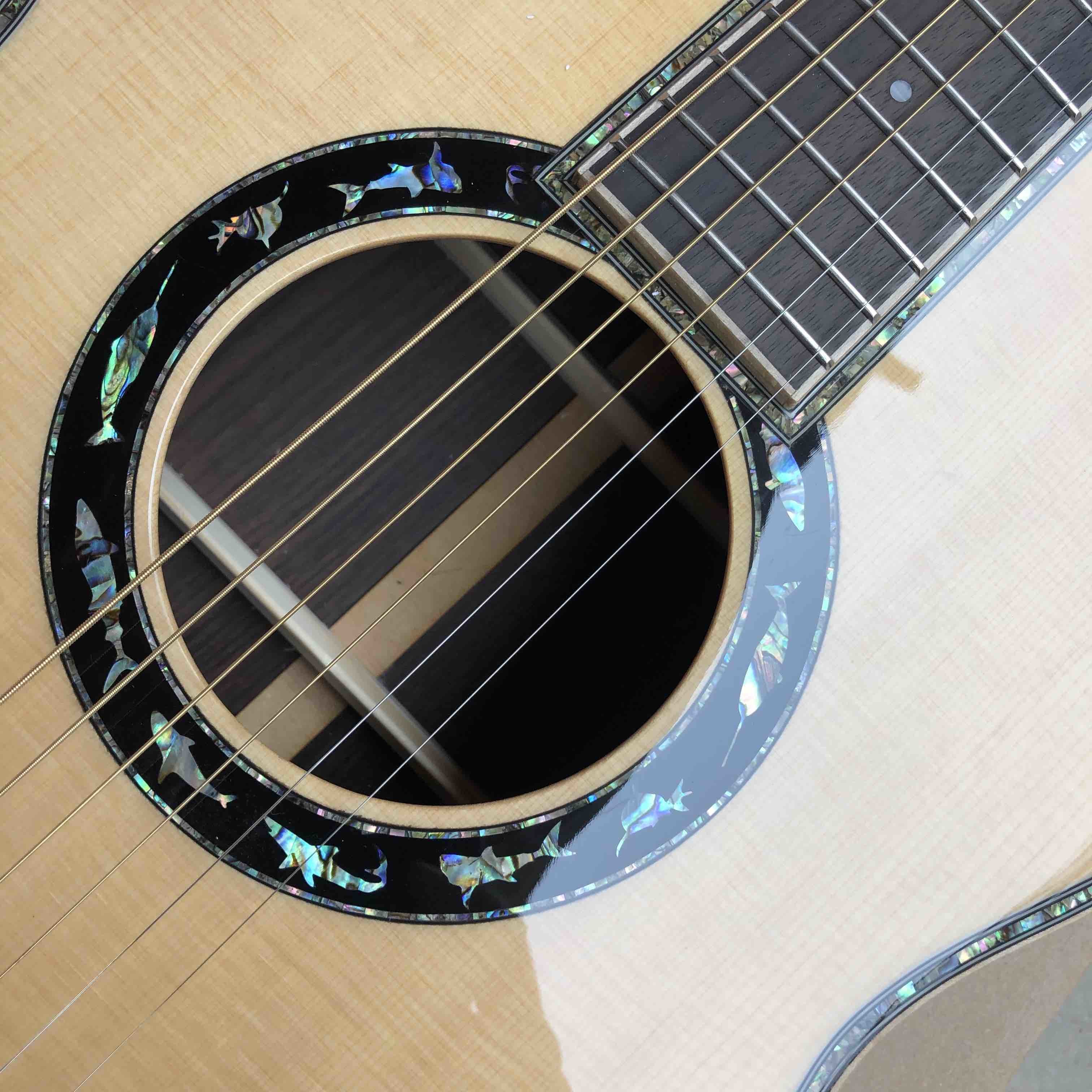 Custom 2020 New Real Abalone Aaaa All Solid Spruce Round Body Maple Binding Acoustic Guitar