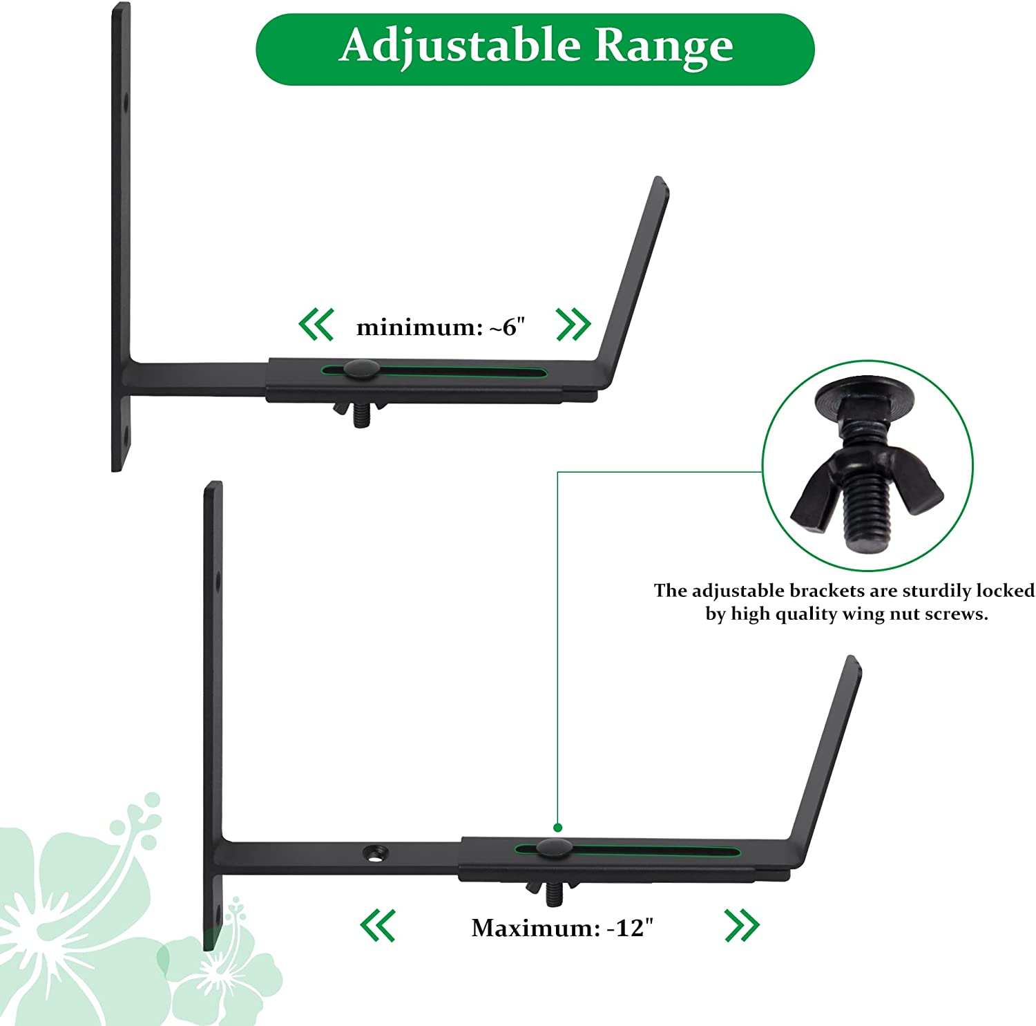 Offered Adjustable Wall Mount Flower Box Holder for Planter Box Depth 6 to 12 Inches