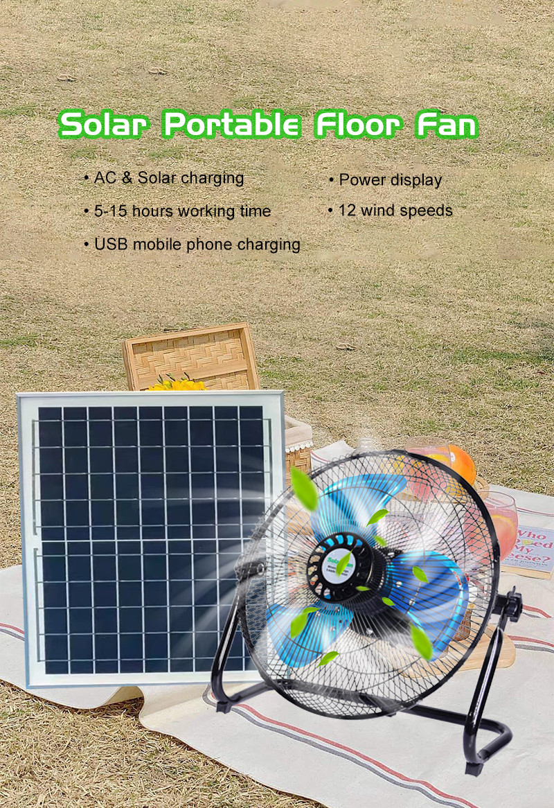 15W Solar Home Lighting System Fan With 12 Speed 12 Inches Table Rechargeable With Panel