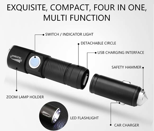 3W 350Lm USB Rechargeable LED Flashlight With Safety Hammer 3 Modes