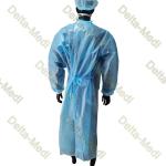 PP Coated PE Film Disposable Surgical Gown Velcro Collar Knitted Cuff 2 Belts