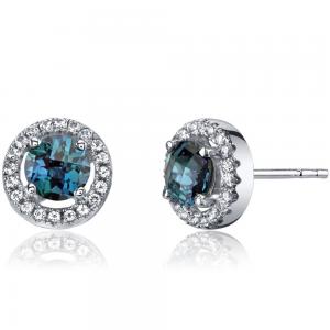 Wholesale 925 Sterling Silver Created Alexandrite Earrings 1 Carats Round Cut Halo Cubic Zirconia Simulated Alexandrite Earrings from china suppliers
