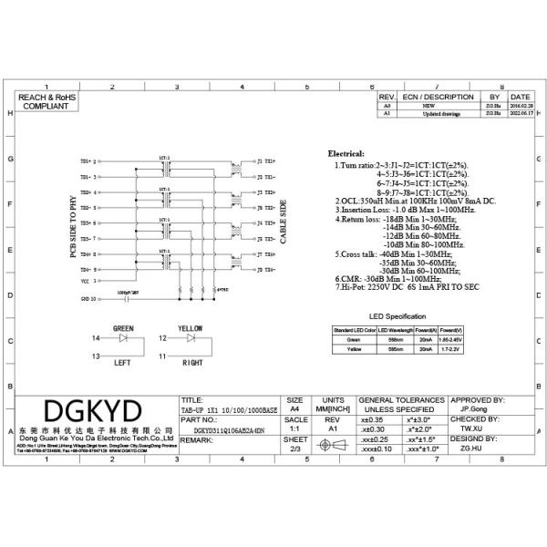 DGKYD311Q106AB2A4DN RJ45 Network Interface TAB UP Modular Jack Single Port PCB Interface Illuminated Shield