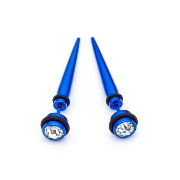 Blue Acrylic Ear Stretching Faux Taper Clear Crystal Gems Spiral Stretchers 2