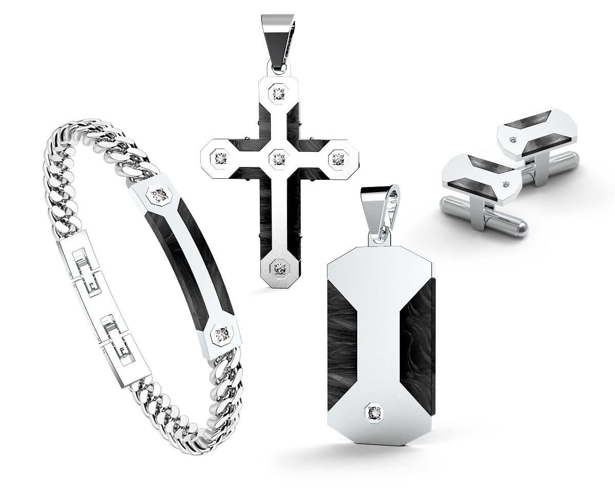 Man Stainless Steel Jewelry Set Pave Zircon Black Onyx Earrings Bracelet Necklace Set