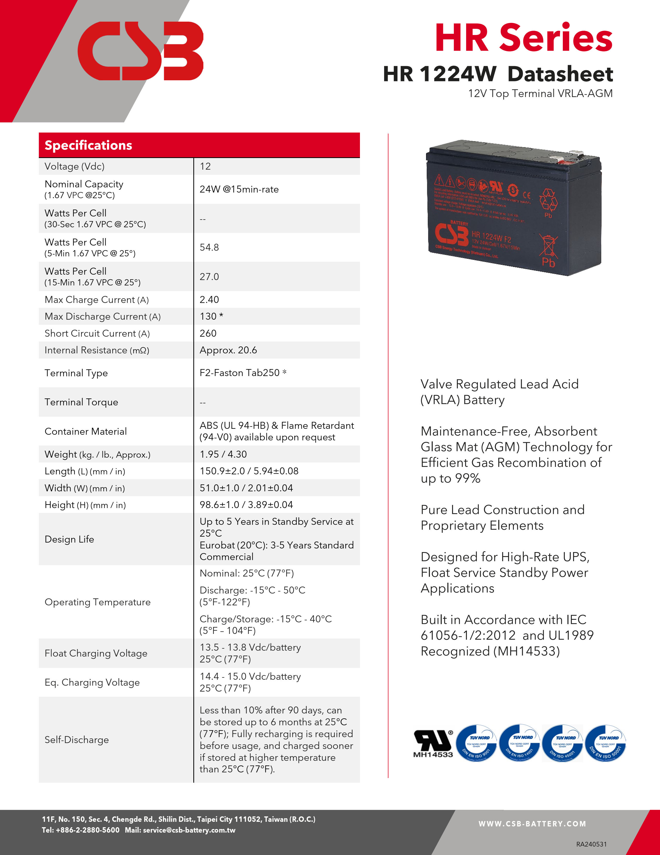 CSB Battery HR1224W 12V 24W 6Ah High Performance Rechargeable Maintenance-Free Lead Acid Battery 12V 6Ah