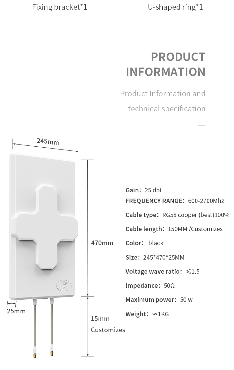 50Ω Input Impendence 25dBi 698-2690MHz 4G/LTE MIMO Panel Antenna with 210*210 Dimension