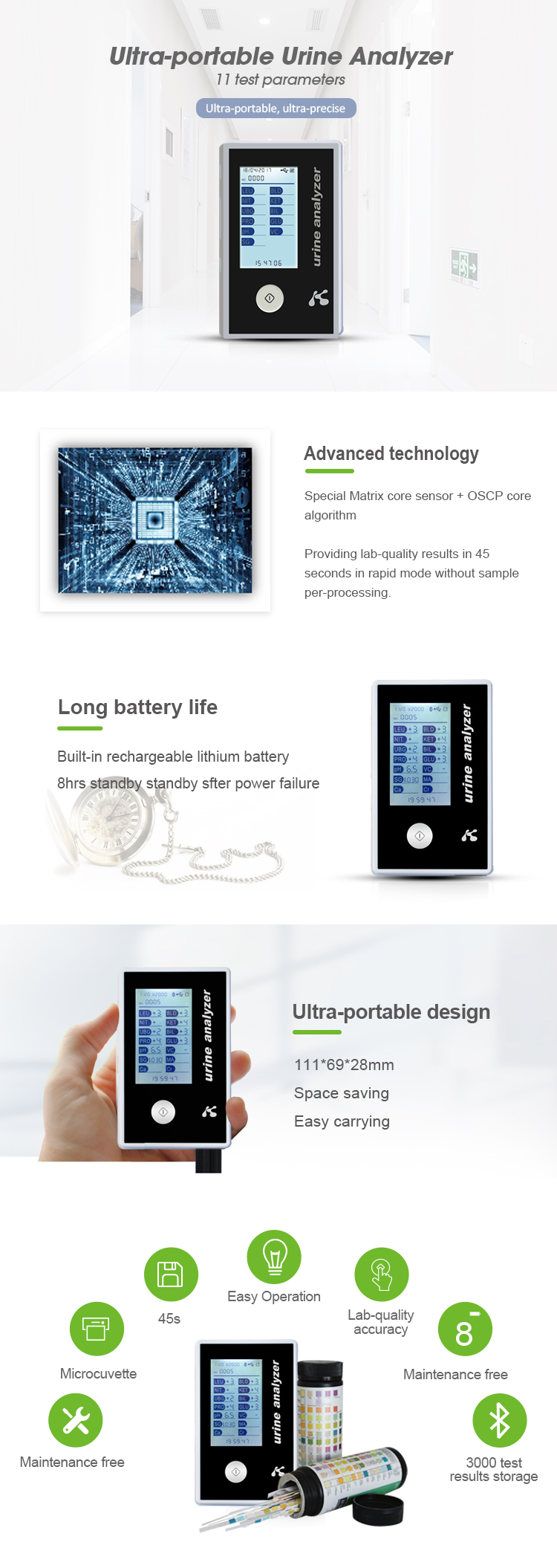HCU01 ultra-portable design medical 11 parameters handheld urine analyzer for medical use