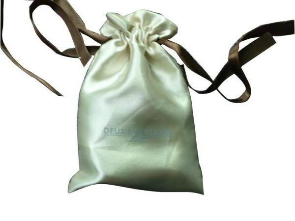 Deux Beige Shing Satin Ribbon Drawstrings Bag, Fabric Carrier Bags 2 Side
