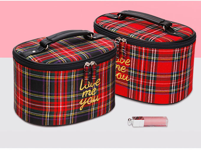 Zipper Closure Grid Cylinder Travel Toiletry Bag