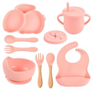 China 9pcs Rabbit Baby Silicone Feeding Set Pink Silicone Bib And Bowl Set on sale