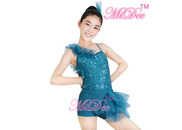 Spandex / Polyester Jazz Dance Wear Turquoise Ruffle Leotard With Side Subtitle