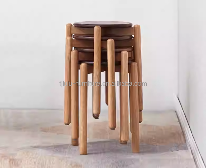 Stackable Wood Stool Solid Wood Dining Chair Simply Designed with Oak Wood Cover Material