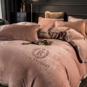 Wholesale Customized Solid Milk Velvet Embroidery Bedding Set Thickened Warm Flannel Four Piece Set from china suppliers