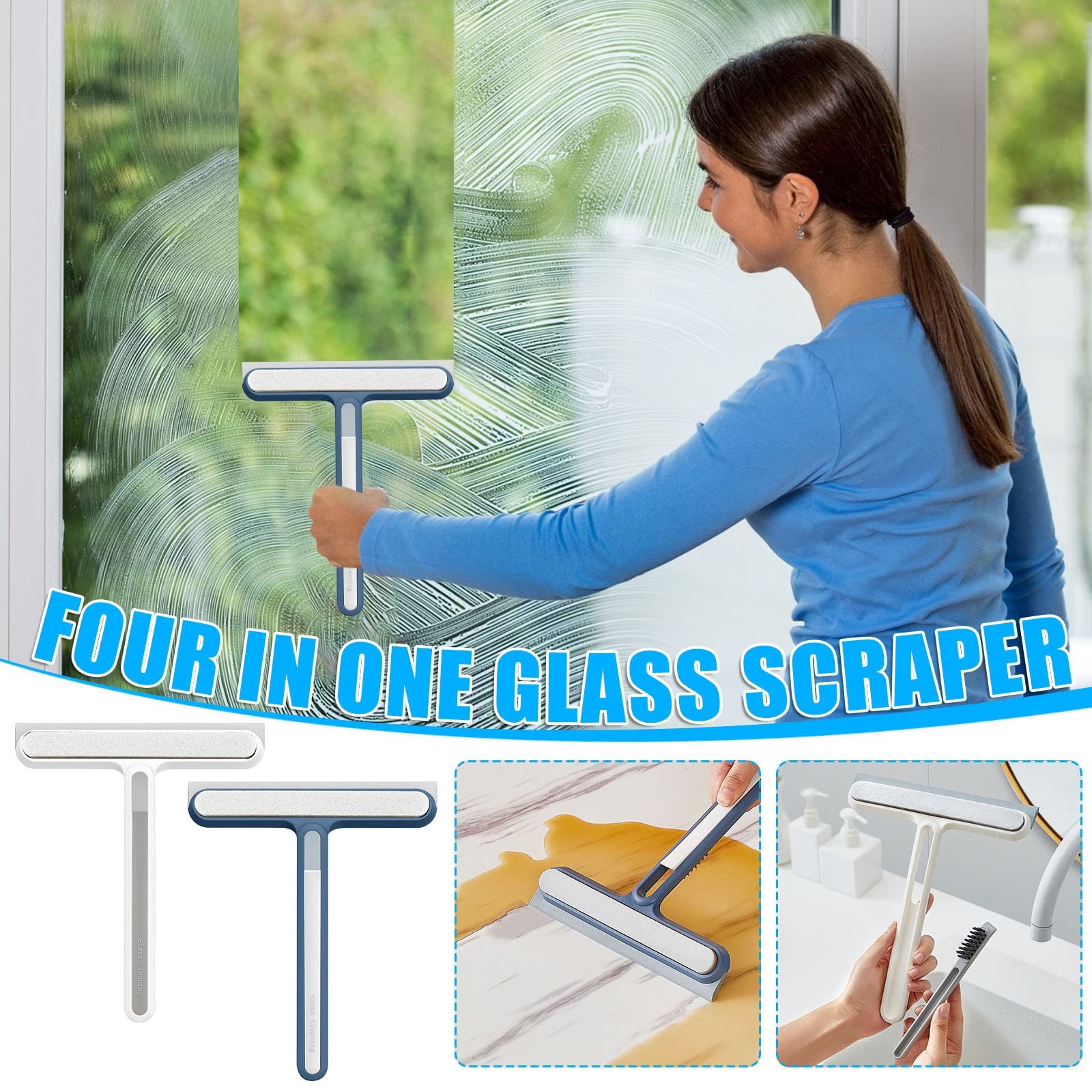 4 in 1 Multi-Functional Shower Squeegee Silicone Scraper Cleaner for Mirrors Shower Doors Car Windows Glass Doors Cleaning Tool