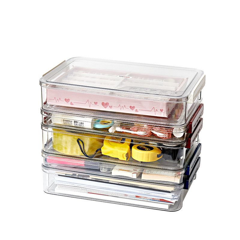 Clear A4 Document Storage Box with Wine Red Snap Tight Lid PET Files Documents Magazines Notebooks Box Organizer Holder Desk