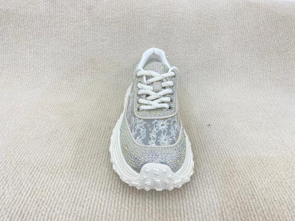 Women white leather sneakers with bling crystal and breathable lace mesh