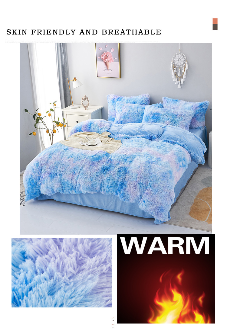 Blue Tie Dye Gradient Shaggy Warm Mink Velvet Duvet Bedding Set for Winter 500TC Gifts