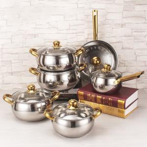 Wholesale Best Selling Stainless Steel Cookware Set 12pcs Double Layer Cooking Pot Set With Golden Handle from china suppliers