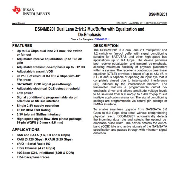 DS64MB201SQ Networking Telecommunications Switch IC 3 Channel 54-WQFN (10x5.5)